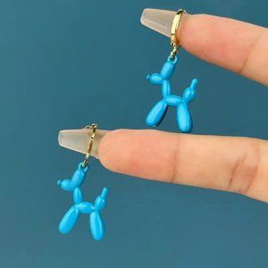 Earrings Balloon Dog Poodle Puppy Fun Whimsical Dangle Circus Clown Party Blue